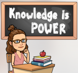 Bitmoji Example 1: Student at Desk with "Knowledge is Power" on blackboard in the background.