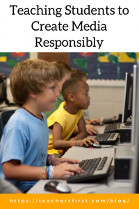 Pinnable Image of two boys working on computers and the blog post title: Teaching Students to Create Media Responsibly