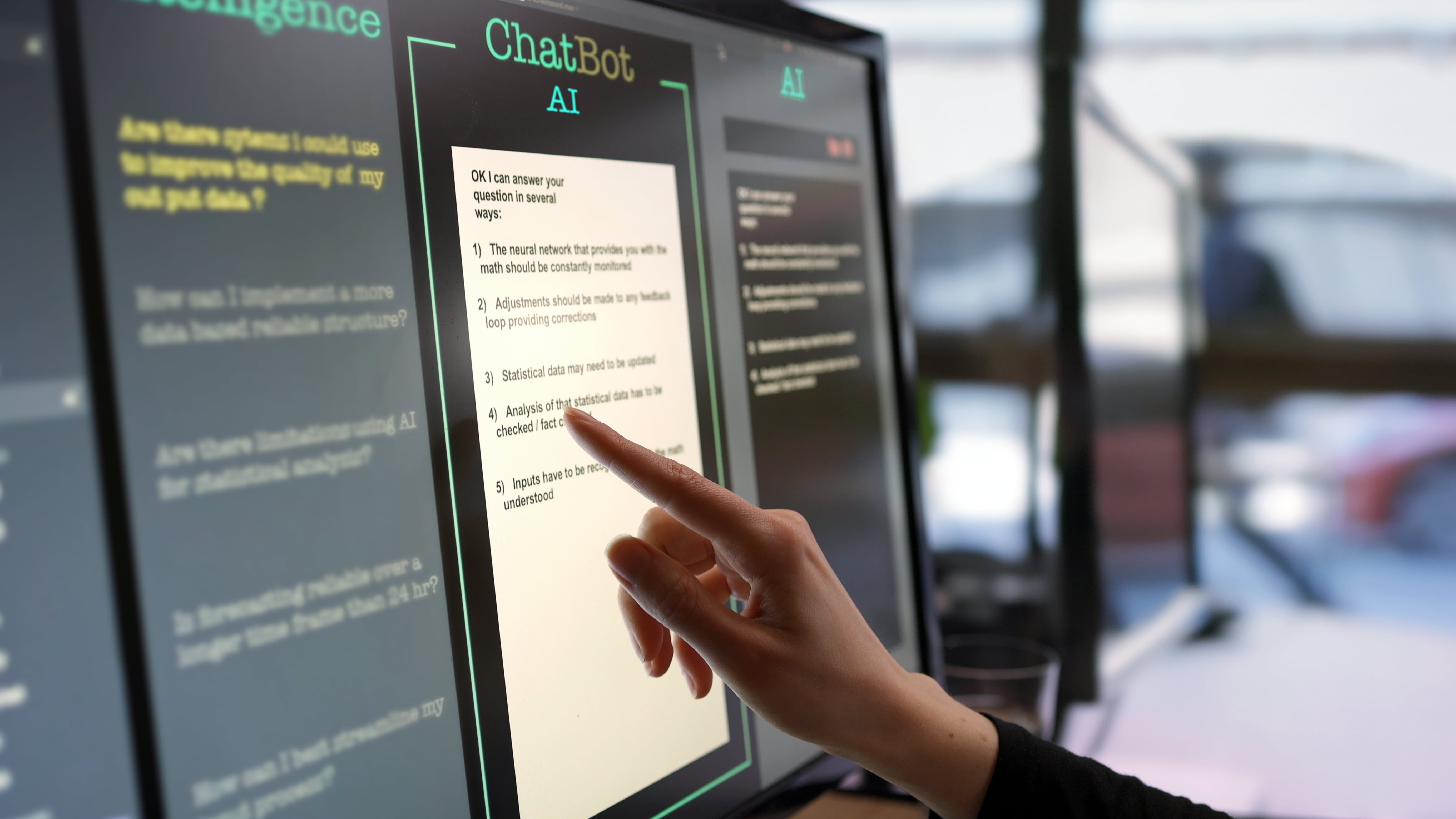 A teacher touching a screen and using an AI chatbot to differentiate instruction and support student success.