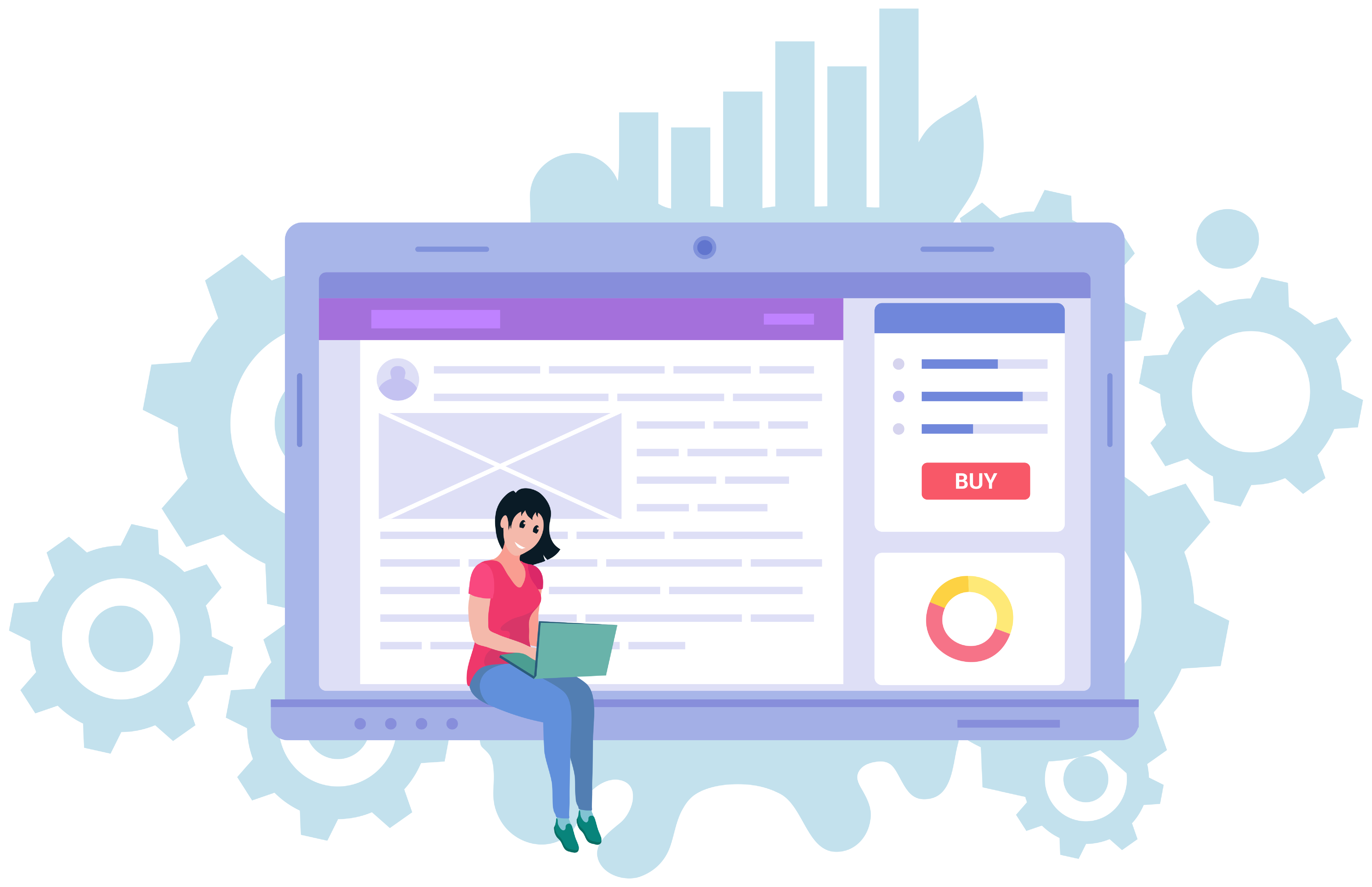 A vector art image of a person holding a laptop and sitting on the edge of a laptop keyboard while learning how to use Google sites.